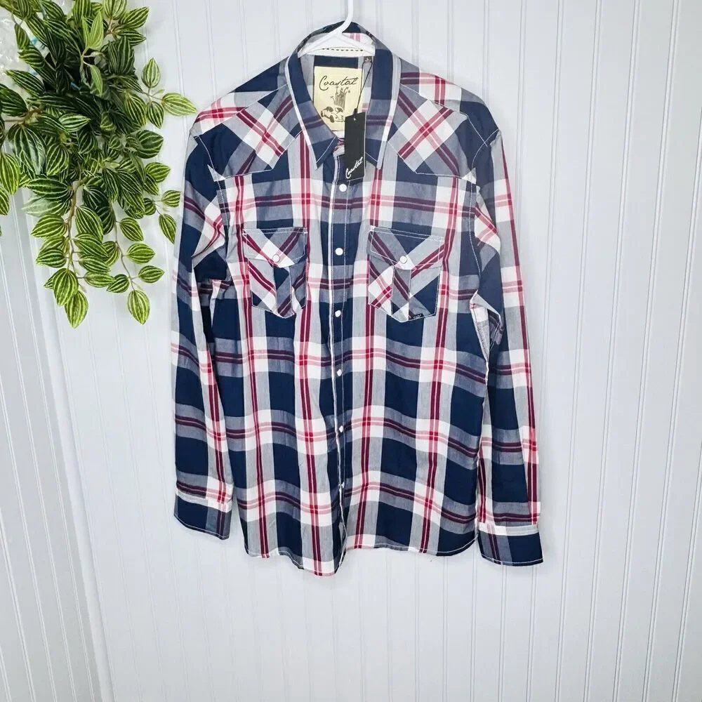Coastal Men Sz L Button Up Shirt Large Red Navy Plaid Flannel Long Sleeve Collar